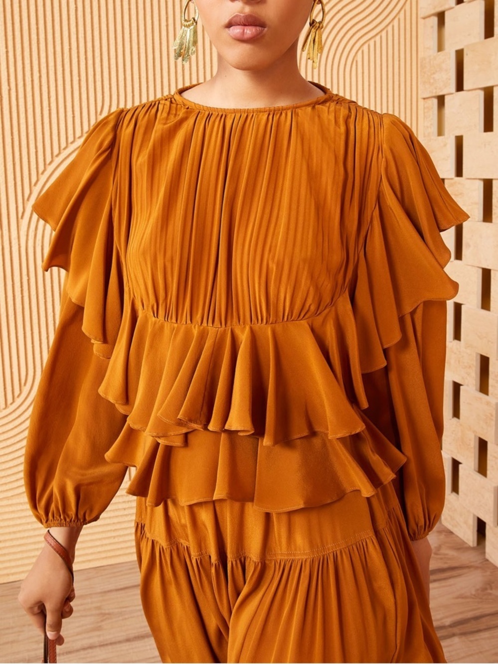 Ulla Johnson Amina Silk Pleated Ruffle Flouncy Blouse Top Sandstone Gold Orange